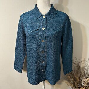 Chico’s Travelers Women Button Up Teal Green Stretch Crushed Blouse Top Sz 1/ M